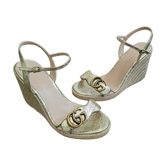 Gucci GG Aitana Marmont Espadrille Wedge Sandal Gold Leather Size 36.5 US 6.5 - Picture 2 of 11